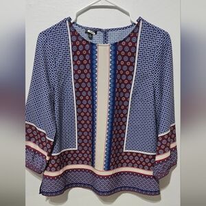 Talbots Women Bold Boho Mp Colorblock Geometric Satin Patchwork Print Blouse B10